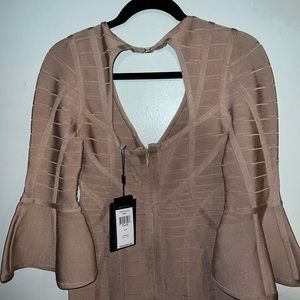 Herve Leger Nude Yasmine Beige Bandage Bell Sleeves Cocktail Dress